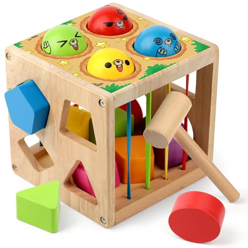 Coogam Wooden Montessori Toys for Toddlers Shape Sorting Cube Whack Mole Fine Motor Skills Game for Year Old 18 Month Baby Boys Girls Gift 0 belly baby and beyond