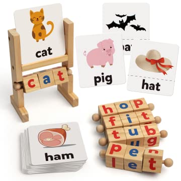 Coogam Wooden Reading Blocks Short Vowel Rods Spelling Games Flash Cards Turning Rotating Letter Puzzle for Kids Site Words Montessori Spinning Alphabet Learning Toy for Preschool Boys Girls 0 belly baby and beyond