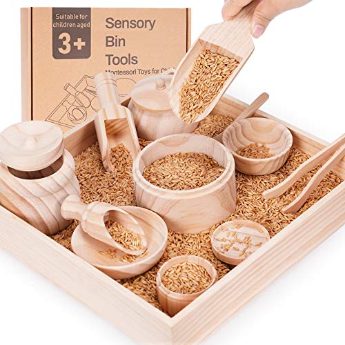 Crisschirs Sensory Bin Tools with Wooden Box Montessori Toys for Toddlers Sensory Toys Set of 12 Wooden Scoops and Wooden Tongs for Transfer Work and Fine Motor Learning Motor Skills Development 0 belly baby and beyond