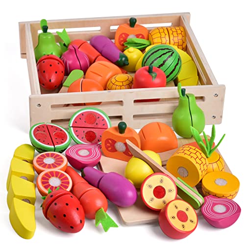 FUN LITTLE TOYS 35PCS Wooden Play Food for Kids Kitchen Pretend Cutting Food Toys with Wooden Tray Dishes and Knife for Kids Pretend Play Food 0 belly baby and beyond