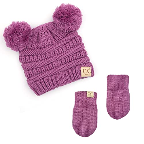 Funky Junque Knit Infant Double Pom Pom Beanie and Matching Fleece Lined Soft Mittens Set for Baby Newborn Boy Girl 0 belly baby and beyond