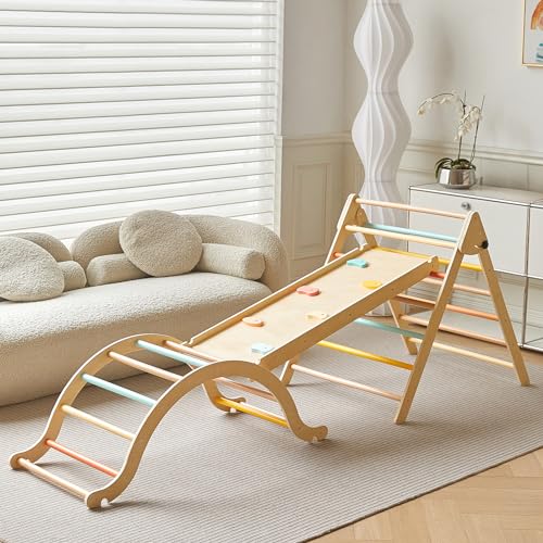 Giant bean Pickler 3 Piece Climbing Gym Pastel 5 in 1 Pikler triangle Set Foldable Wooden Toddler Climbing Toys Indoor Playground Jungle Gym for Kids Age 3 6 Montessori Climbing Set 0 belly baby and beyond