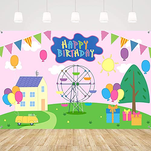 Happy Birthday Backdrop Colorful Cartoon House Sky Flag Car Photography Background Cartoon Pink Pig Theme Banner for Baby Shower Birthday Party Decorations 728 x 433 Inch 0 belly baby and beyond