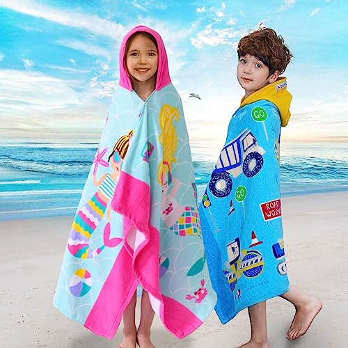 Hooded Towels for Kids 2PC Set 30X50 Large Cotton Bath Towels with Hood for Boys and Girls Swim Bathrobe for Toddlers 3T to 10 Yrs Perfect for Kids Easter Gifts Mermaid Vehicle 0 belly baby and beyond