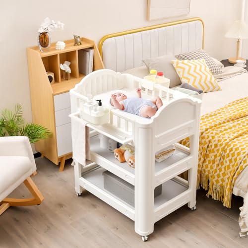 INFANS Baby Changing Table Diaper Dresser Station with Latex Pad and Pillow 3 Hanging Boxes 2 Storage Racks Lockable Wheels Mobile Nursery Organizer for Newborn Infant with Boxes 0 belly baby and beyond