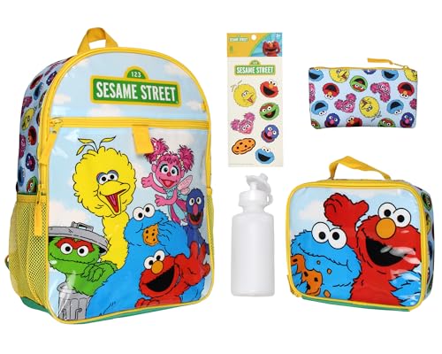 INTIMO Sesame Street Group Cookie Monster Elmo Big Bird 5 PC Mega Set Backpack Lunch Box Pencil Pouch Waterbottle Stickers 0 belly baby and beyond