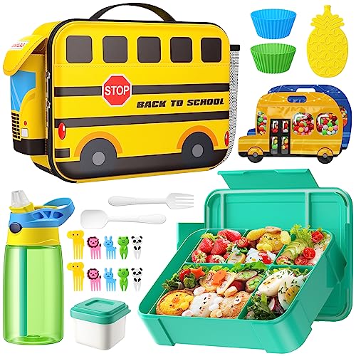 Lunch Box for Kid Boy Girl 6 Compartments Lunch Container with Tableware Lunch Bag Set 1330ML Ideal Portion Sizes Bento Box Reusable Meal and Snack Packing Leakproof Yellow School Bus 0 belly baby and beyond