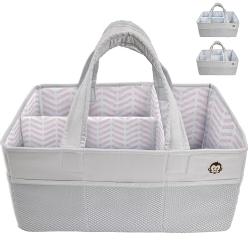 MIGHTY MONKEY Oversized Stain Resistant Baby Diaper Caddy Organizer with Handle Adjustable Mesh Storage Bin Compartments for Diapers Baby Wipes Newborn Changing Table Nursery Essentials Gray Pink 0 belly baby and beyond