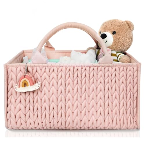 MOMINSIDE Diaper Caddy Organizer Baby Basket Nursery Storage Caddy Organizer for Portable Changing Table Dresser Car Baby Registry Baby Shower Gifts for Girl BoyPale Pink 0 belly baby and beyond