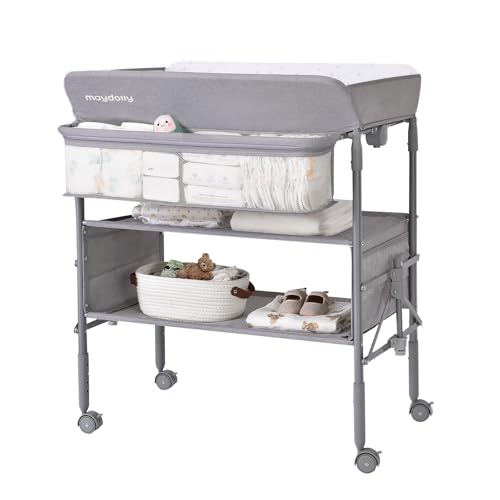 Maydolly Portable Baby Changing Table with Wheels Foldable Changing Table Waterproof Diaper Changing Station Adjustable Height Changing Station Mobile Nursery for Newborn and Infant Grey 0 belly baby and beyond