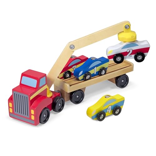 Melissa Doug Magnetic Car Loader Wooden Toy Set With 4 Cars and 1 Semi Trailer Truck 0 belly baby and beyond