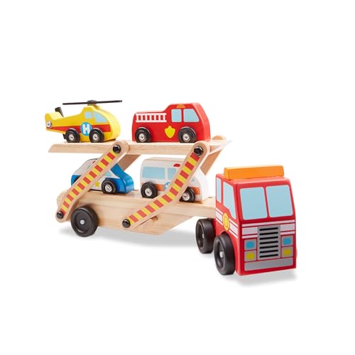 Melissa Doug Wooden Emergency Vehicle Carrier Truck With 1 Truck and 4 Rescue Vehicles 0 belly baby and beyond