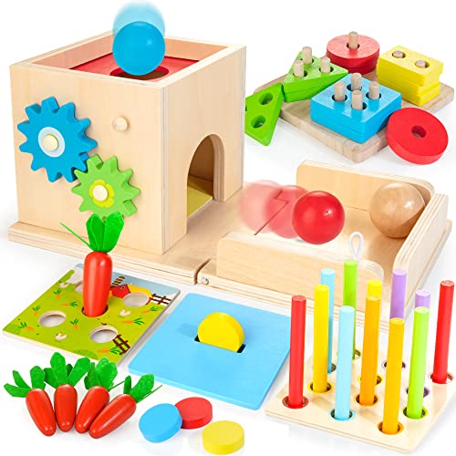 Montessori Toys for 1 Year old 8 in 1 Wooden Play Kit includes Object Permanent Box Learning Activity Cube Sorting Stacking Toy Carrot Harvest Game Gift for Boys Girls Age 12 Months 0 belly baby and beyond