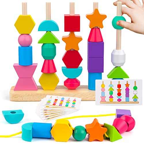 Montessori Wooden Beads Sequencing Toy Set Stacking Blocks Lacing Beads Matching Shape Stacker for 2 3 4 5 Year Old STEM Preschool Learning Montessori Toys Gifts for Kids Boy Girl Toddler 0 belly baby and beyond