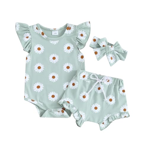 Newborn Baby Girl Summer Clothes Cute Daisy Print Fly Sleeve Romper Ruffle Shorts Headband Set Infant 3Pcs Outfits 0 belly baby and beyond