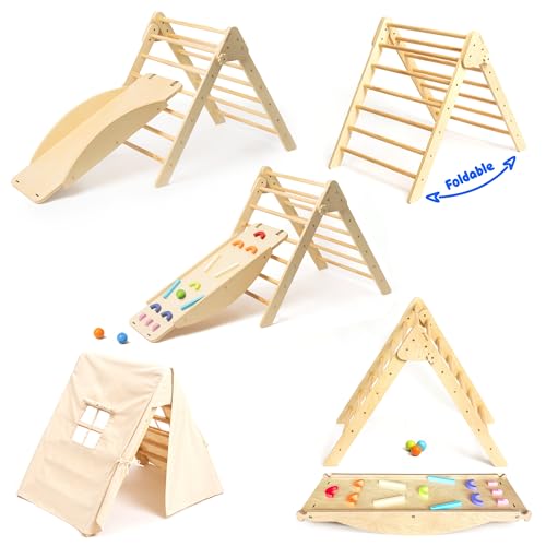 Pikler Triangle Climber with Ramp Toddler Climbing Toys Indoor Montessori Climbing Toy Set Pickle Triangle Montessori Baby Climbing Toys Indoor Pickler Set Wooden Play Gym Kids Climbers 0 belly baby and beyond