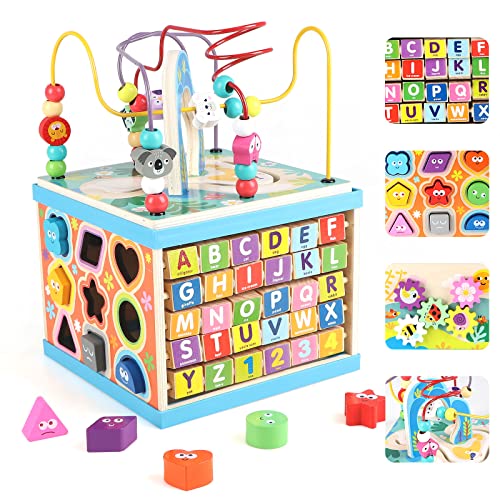 Qilay Wooden Activity Cube for Toddlers 1 3 5 in 1 Multipurpose ABC 123 Abacus Early Educational Montessori Toys Learning Toys for 1 2 3 Year Old Bead Maze Great for Boys Girls Toddlers 0 belly baby and beyond