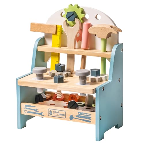 ROBUD Mini Wooden Play Tool Workbench Set for Kids Toddlers Construction Toys Gift for 18 Months 2 3 4 5 Years Old Boys Girls 0 belly baby and beyond