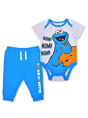 Sesame Street Boys Cookie Monster Bodysuit and Jogger Set for Newborn and Infant BlueWhite 0 belly baby and beyond