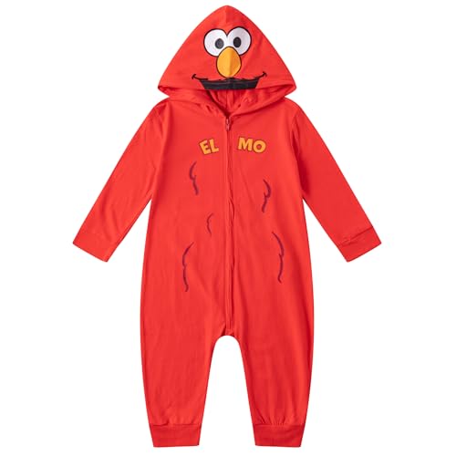 Sesame Street Boys Elmo or Cookie Monster Zip Up Long Sleeve Hooded Romper for Newborn Infant and Toddler Kids 0 belly baby and beyond