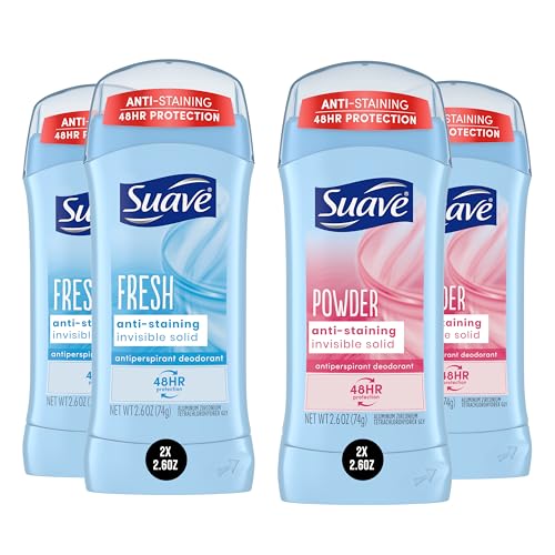 Suave Deodorant Women Antiperspirant Powder and Fresh Bundle 48 Hour Odor Wetness Protection with Essential Oils anti staining no baking soda Bundle 4 x 26 oz 0 belly baby and beyond