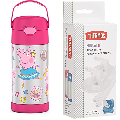 THERMOS FUNTAINER 12 Ounce Stainless Steel Vacuum Insulated Kids Straw Bottle Peppa Pig Thermos Replacement Straws 0 belly baby and beyond