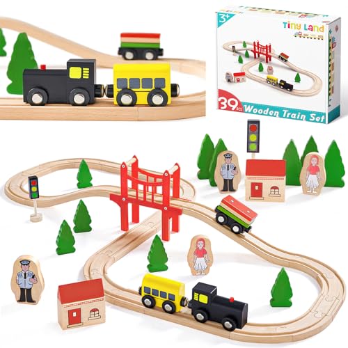 Tiny Land Wooden Train Set for Toddler 39 Pcs with Wooden Tracks fits Thomas fits Brio fits Chuggington fits Melissa and Doug Expandable Changeable Train Toy for 3 4 5 Years Old Girls Boys 0 belly baby and beyond