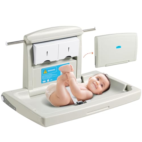 VEVOR Wall Mounted Baby Changing Station Horizontal Foldable Diaper Change Table with Safety Straps and Hanging Rods Use in Commercial Bathrooms Daycare Centers for Newborns Infant 0 belly baby and beyond