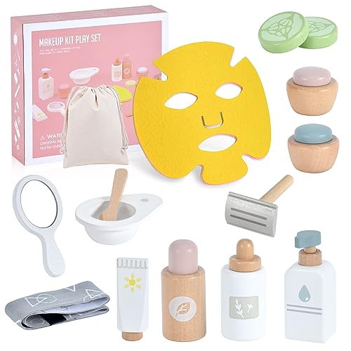 WHOHOLL Wooden Makeup Toy Set Pretend Beauty Salon Toys Skin Care Learning Toys for Toddler Daycare Toys Christmas Birthday Gift for 2 3 4 5 Year Old Girls Facial Cleanser Mirror Face Mask 0 belly baby and beyond