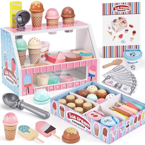 Wooden Ice Cream Toys Kids Kitchen Play Store for Toddlers Girls Play Kitchen Accessories with Scoop Menu Fake Money Wooden Toys for 3 4 5 Year Old Girls Boys Birthday 0 belly baby and beyond