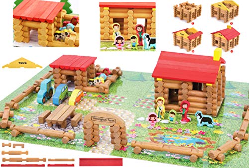 Wooden Logs Toys Farm Playset Wooden Logs Building Set Farm House Wooden Construction Toys 207 Pieces Animal Farm Wooden Building Toys for 3 4 5 6 Year olds 0 belly baby and beyond