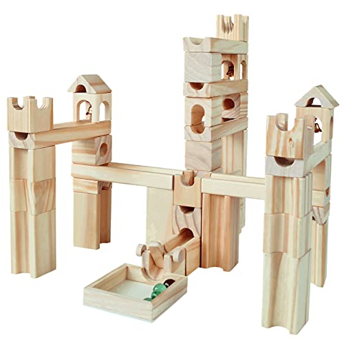 Wooden Marble Run for Kids Ages 4 8 65 Pieces Wood Building Blocks Toys and Construction Play Set Marble Track Maze Game STEM Learning Toys Gifts for Boys Girls Natural Color Blocks 0 belly baby and beyond