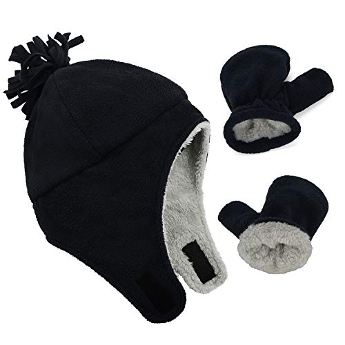 Zando Baby Boy Sherpa Lined Warm Fleece Pilot Hat Infant Toddler Winter Hat Mitten Set 0 belly baby and beyond