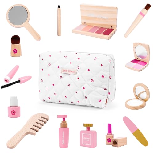 umu Wooden Beauty Salon Toys for Girls Makeup Playset 17 Piece Kit with Makeup Brush Mirror and Cosmetics Case Best Gift for 3 4 5 Girls Kids 0 belly baby and beyond