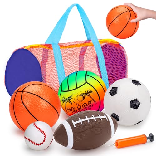 5 Pack Sports Balls Set for Kids with Bag Includes Football Soccer Basketball Baseball Volleyball Fun Indoor Outdoor Toys Sport Soft Bouncy Playground Kickball Hand Pump Toddler 1 3 2 4 3 5 5 7 Gifts 0 belly baby and beyond