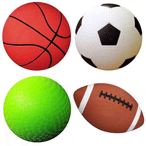 AppleRound Pack of 4 Toy Sports Balls with 1 Pump for Toddlers and Kids 5 Inch Basketball 5 Inch Soccer Ball 5 Inch Playground Ball 65 Inch Football Mixed Bundle 0 belly baby and beyond