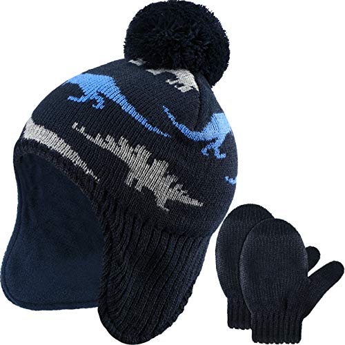 Boys Winter Hat Mitten Gloves Set Toddler Warm Beanie Earflap Baby Knit Fleece Lined Hat 0 belly baby and beyond