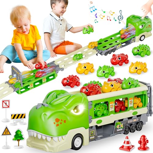 Dinosaur Truck Toys for 2 3 4 5 6 7 Year Boy Toddler Foldable Track 2 Player Race Mode Light Sound Transport Carrier W 6 Dino Car 12 Accessories Birthday Gift Idea for Kids Girls 0 belly baby and beyond