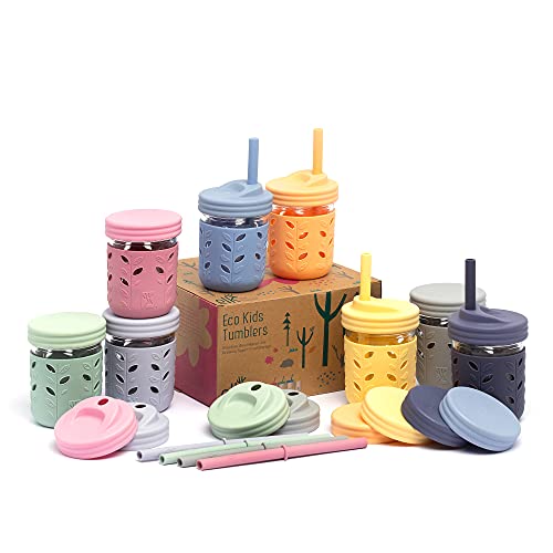 Elk and Friends Kids Toddler Cups The Original Glass Mason jars 8 oz with Silicone Sleeves Silicone Straws with Stoppers Smoothie Cups Spill Proof Sippy Cups for Toddlers 0 belly baby and beyond