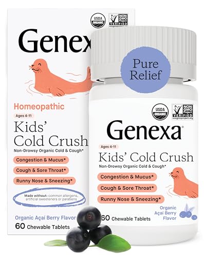 Genexa Kids Cold Crush Multi Symptom Cough Cold Relief for Children Delicious Organic Acai Berry Flavor Certified Organic Non GMO Homeopathic Remedy Made Clean 60 Chewable Tablets 0 belly baby and beyond