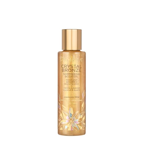 Pacifica Bronzing Body Oil Crystal Bronze Shimmering Oil Sparkly Hydrating and Nourishing Shimmer Scented Bronzing Drops Vanilla Coconut Vegan and Cruelty Free 0 belly baby and beyond