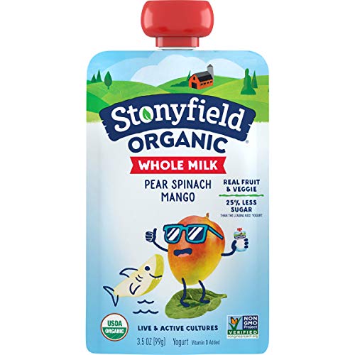 Stonyfield Organic Kids Pear Spinach Mango Whole Milk Yogurt Pouch 35 oz 1 Ct Real Fruit and Veggie Low Fat Gluten Free 0 belly baby and beyond