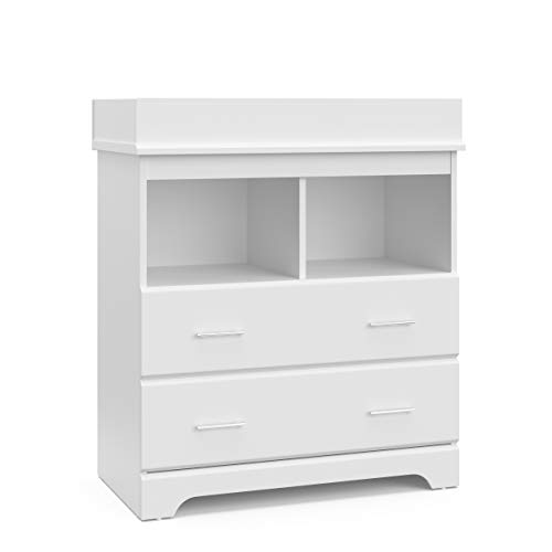 Storkcraft Brookside 2 Drawer Changing Table Dresser White GREENGUARD Gold Certified Easy to Match Chest of Drawers and Cubbies for Nursery and Kids Bedroom Includes Changing Table Topper 0 belly baby and beyond