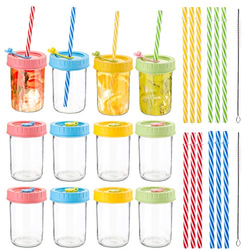 Suwimut 12 Pack Kids Toddler Glass Cups 8 OZ Regular Mouth Glass Mason Jars Drinking Cup with Lids Plastic Straws Silicone Stoppers and Cleaning Brush Spill Proof Glass Tumbler for Smoothies 0 belly baby and beyond